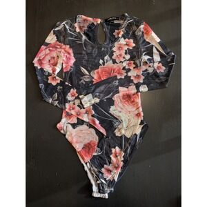 #GALBOSS Floral Mesh Bodysuit S Long Sleeve Sheer Keyhole Back Romantic Goth